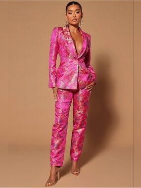 Fuchsia Floral Brocade Women's Blazer and Trousers Set